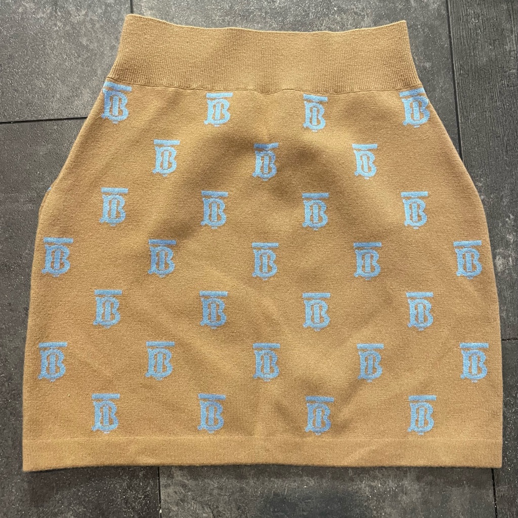Burberry Tan Pencil Skirt With Blue Logo Pattern